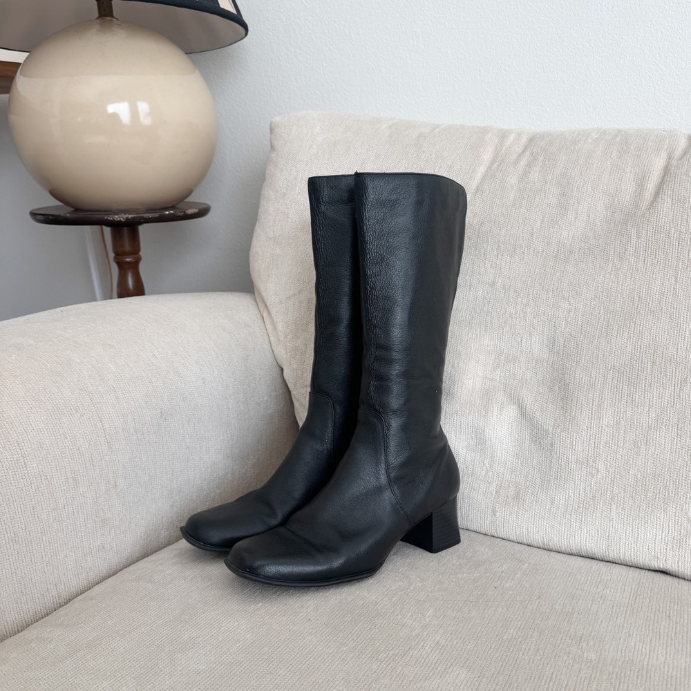 Y2K Black Leather Square Toe Block Heel Tall Boots Womens 9 White Stag